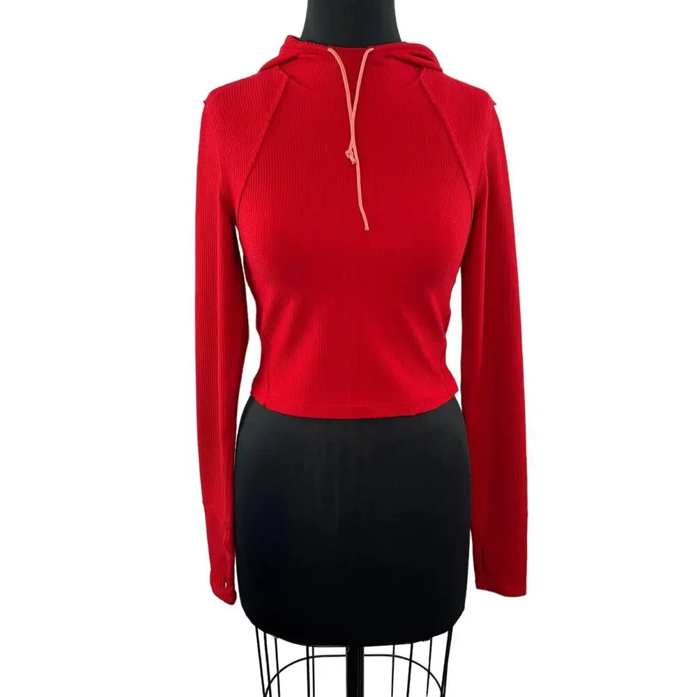 Free People Movement Red Ribbed Glamp Cut Out Hoodie Cropped Pullover Sweater XS